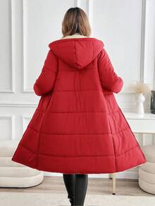 SHEIN Clasi 大码女式休闲长款连帽羊毛夹棉大衣，秋冬 - 紅色 - 查看 2