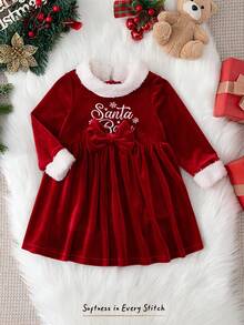 Cozy Pixies Baby Girl Christmas Snowflake & Letter Print Patchwork Fluffy Decor Round Neck Long Sleeve Waist Cinched Dress - Red - View 9
