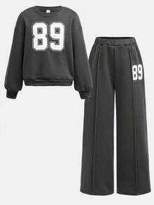 SHEIN Girlism Tween Girls Casual School Street Fashion Letter & Number Graphic Crew Neck Sweatshirt And Pleated Wide Leg Straight Pants Knit Tracksuit Back To School Outfit 90s Kids Outfit Outfit Set 90s Clothes Girls Outfit Sets Baggy - Dark Grey - View 10