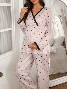 Moonlight&Mama Polka Dot Print Contrast Lace Trim Long Sleeve Top & Pants Maternity Pajama Set, Winter - Multicolor - View 3