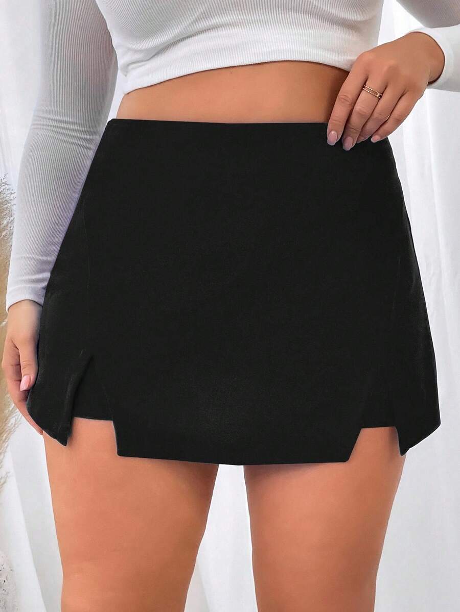 SHEIN Privé Falda-pantalón de talle alto y bajo dividido para tallas grandes - Negro - Ver 1