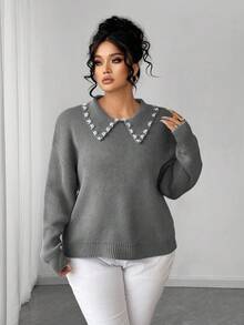 SHEIN Elenzya 女士珍珠领纯色简约套头毛衣 - 淺灰色 - 查看 4