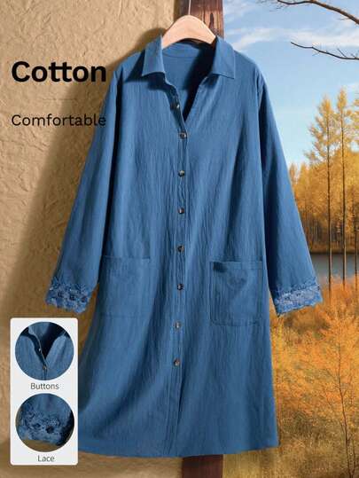 Rusticease Plus Size Women Contrast Lace Pocket Single-Breasted Casual Shirt Dress Fall Clothes For Women  Winter Clothes Country Style For Women Country Outfits For Women Country Concert Outfit Winter Clothes For Women Cozy Fall And Winter Clothes For Women