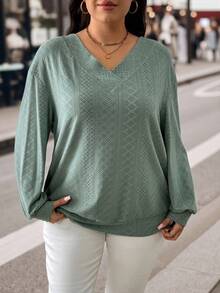 EMERY ROSE Plus Size Women Loose Fit V-Neck Ribbed Casual Sweatshirt, Autumn/Winter