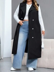SHEIN CURVE+ Plus Size Women Black Casual Trench Coat/Winter - Black - View 6