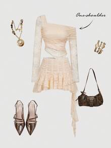 SHEIN MOD 女士蕾丝不对称领长袖上衣搭配荷叶边中长裙，时尚两件套，独特连衣裙，露肩设计，蕾丝连衣裙，褶皱连衣裙，秋冬季，圣诞节女装，新年装，感恩节女装，派对装，海滩装，优雅女士套装，白色两件套，波西米亚风，乡村音乐会装，外出装