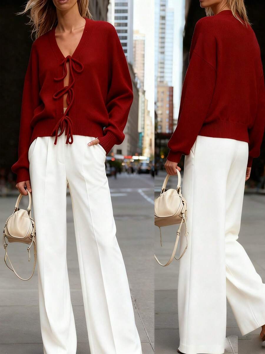 SHEIN LUNE Women's Solid Color Minimalist Tie-Front Long Sleeve Cardigan, Everyday Wear, Christmas - Burgundy - View 1