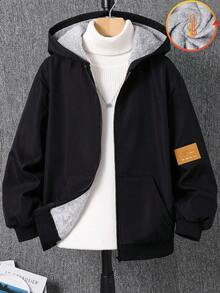 SHEIN 一件青少年男童休闲运动学院风复古夹克，撞色连帽黑色外套，饰有章节装饰，适合返校、生日派对、晚宴、演出、婚礼、洗礼、开幕式等场合，日常穿着舒适，适合上学、旅行、运动，也适合秋冬季节。 - 黑色 - 查看 2
