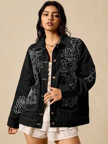 Easelle 女装春夏复古休闲波西米亚风欧美女孩个性时尚前卫现代街头重工抽象图案刺绣棉质翻领宽松棕色谷仓夹克秋冬 - 黑色 - 查看 4