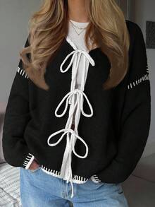 CovetEZ Women's Contrast Trim Lace-Up Drop Shoulder Long Sleeve Casual Knit Top Women Sweaters Cute Sweater Women Sweater Black Sweater Bow Sweater - Black and White - View 5