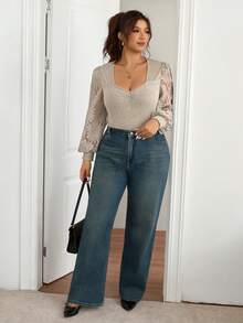 Lounesse 大码休闲优雅蕾丝拼接袖甜心领罗纹磨毛连体衣