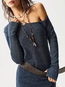 Bohemela Casual Solid Color Knit Asymmetric Collar Long Sleeve Fitted Washed Mini Dress For Women - Dark Grey - View 1