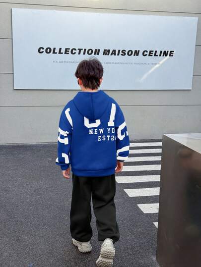 SHEIN 青少年男孩休闲韩版宽松大号字母图案连帽衫和松紧腰裤套装，适合秋季/春季、户外玩耍、学校、街头风格、派对和休闲