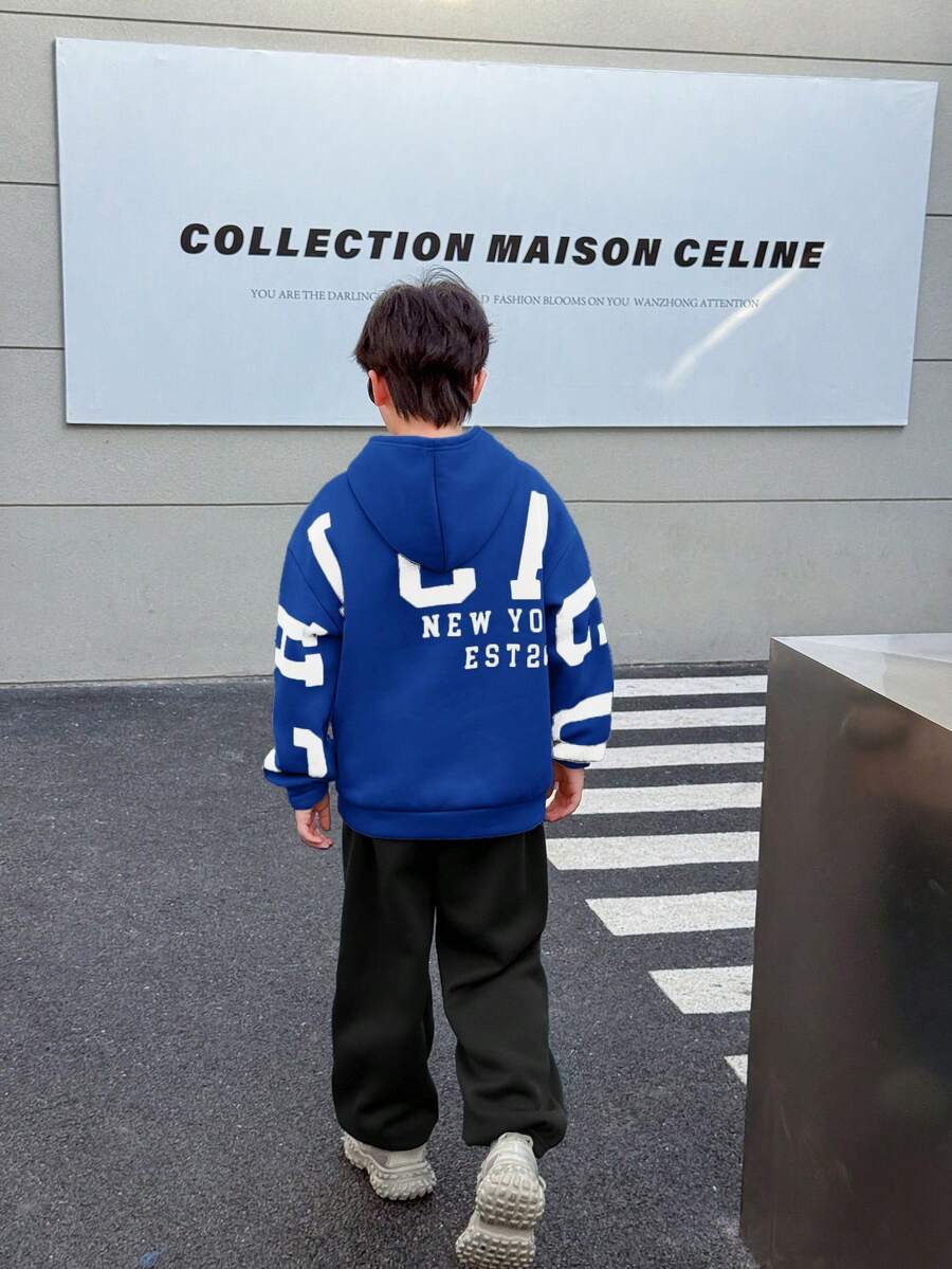 SHEIN 青少年男孩休闲韩版宽松大号字母图案连帽衫和松紧腰裤套装,适合秋季/春季、户外玩耍、学校、街头风格、派对和休闲 - 寶藍色 - 查看 1