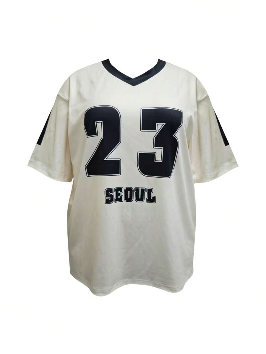 Plus Size Women Color Block V-Neck Letter & Number Print Casual T-Shirt For Summer - Multicolor - View 1