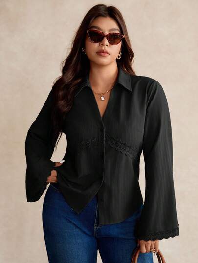 Elaquor 大码纯色简约长袖衬衫