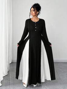 SHEIN Elenzya Robe longue col rond en patchwork noir et blanc pour femmes grandes tailles, élégante et confortable pour le port quotidien, automne/hiver - Multicolore - Voir 4