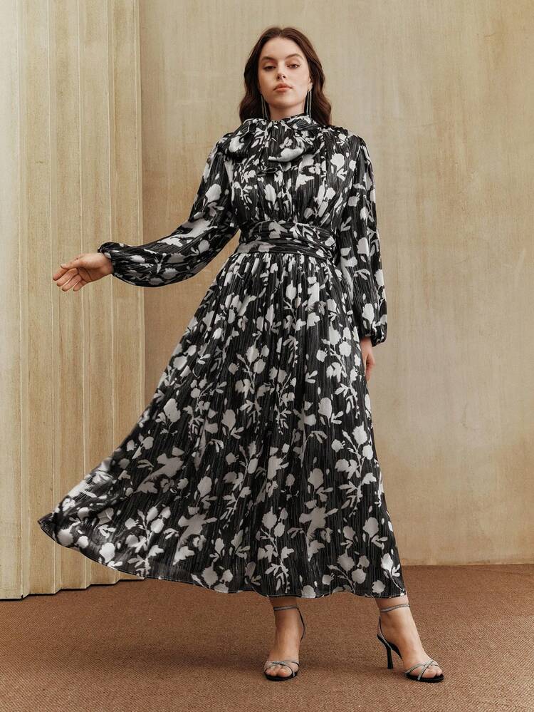 Plus Size Women's Autumn/Winter Waist Pleated Collar Bow Elegant Cinched Waist Ditsy Floral Maxi Dress, Suitable For Halloween, New Year, Party, Wedding, Chic, Stylish, Work, Thanksgiving, Graduation, Christmas, Festival, Elegant