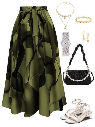 Franclia Plus Size Front Tie Allover Print Skirt, Casual Everyday Wear Women Skirt