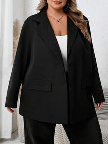 SHEIN CURVE+ Damen Große Größen einfarbige Blazer Jacke mit Kragen, Langarm, Lässig, Herbst - Schwarz - Übersicht 5