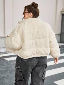 SHEIN CURVE+ 女式加大码休闲米色仿羊毛短款夹棉大衣，冬季 - 米色 - 查看 2