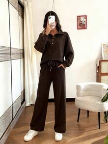 SHEIN Women's Solid Color Button Half-Placket Long Sleeve Sweatshirt And Pants Casual 2 Pieces Set, Autumn