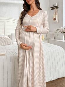 Moonlight&Mama 条纹印花纽扣V领长袖休闲孕妇连衣裙/睡袍，冬季 - 彩色 - 查看 3