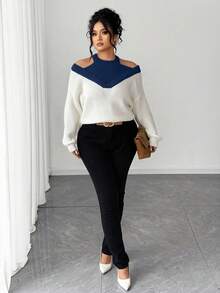 SHEIN Elenzya Suéter holgado de hombros descubiertos de color contrastante para mujer de talla grande - Azul Marino - Ver 3