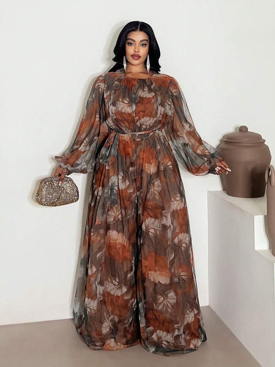 Maweii Macacão feminino plus size com estampa floral, gola redonda, manga lanterna, perna larga