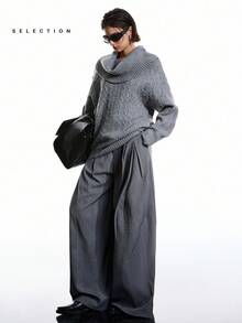 LYSMO 2025 Women Chic Grey Autumn Everyday Off-Shoulder Long Sleeve Sweater, Minimalism Loose Solid Color Multiple Ways To Wear Stockholm Style Winter Look - Grey - View 6