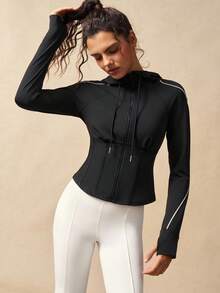 VARSIVA Women's Casual Zip-Up Hoodie Jacket With Thumb Hole And Drawstring, Suitable For Autumn - Black - View 4