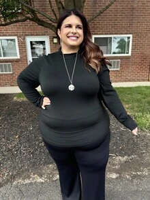 Enliva 2 peças/conjunto casual e simples monocromática plus size camisetas de gola alta, primavera e outono - Preto e Branco - Ver 5