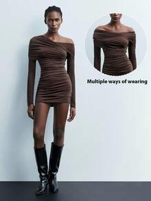 Maija 2025 Robe moulante asymétrique froncée de couleur unie pour femmes, automne - Tabac - Voir 3