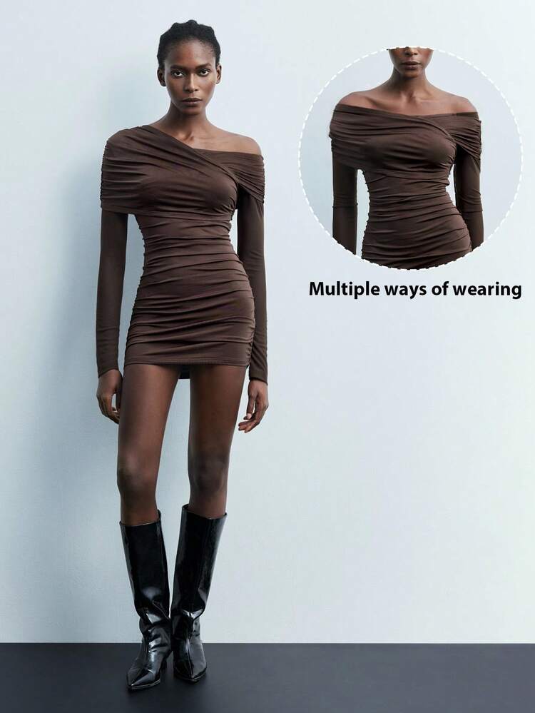 SHEIN Maija 2026 Women's Autumn Solid Color Ruched Asymmetric Bodycon Dress Brown  St Patrick's Day Women Easter Summer Outfits Easter Dress Women Party Top Beach Dress Summer Holiday Outfits Each Vacation Outfits For Women  Summer Outfit For Women Going Out Outfits Graduation Graduation Outfit  Casual Dresses  Casual Blouses For Women
