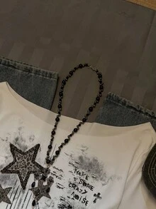 SHEIN EZwear 休闲街头复古星空涂鸦印花超大款不对称肩部荷叶边下摆长袖T恤，性感露肩套头衫，适合秋冬季节、返校季、复古风、朋克风、女士休闲风、秋冬装、嘻哈风、核心美学风格。 - 彩色 - 查看 8