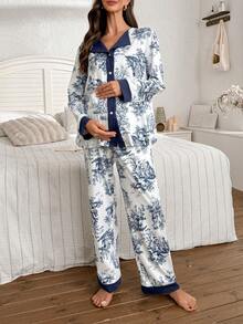 两件套中国风山水人物印花拼接孕妇睡衣套装，冬季长袖睡衣套装，女士睡衣套装，长袖女士睡衣套装 - 彩色 - 查看 5