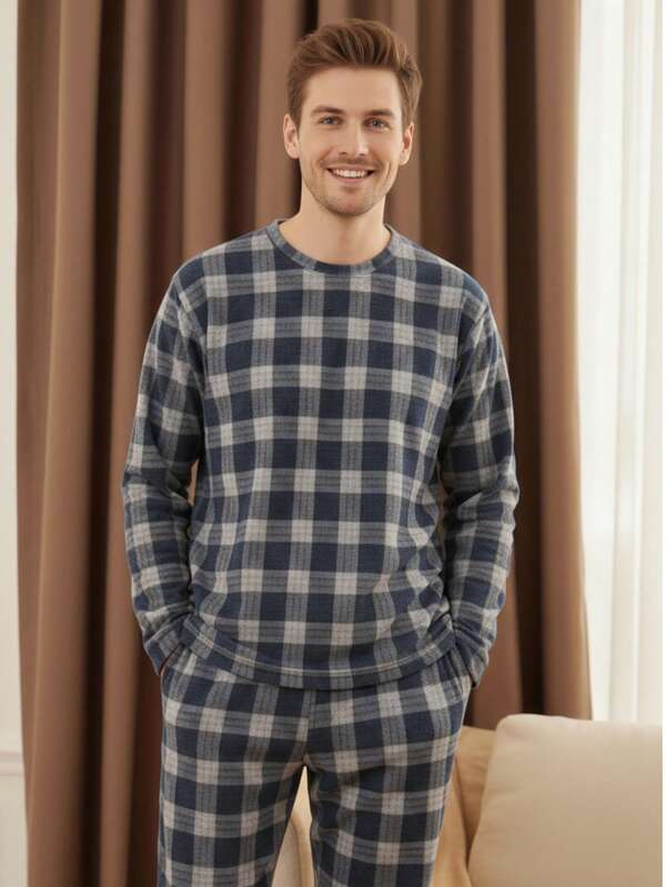 Conjunto pijama para hombre pantalón y playera manga larga diseño gris azul