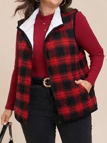 Comfylo Plus Size Women's Christmas Red & Black Plaid Padded Zip Up Vest Christmas Festival Christmas Vest Women Red Plaid Vest Buffalo Plaid Vest Quilted Vest Women Plaid Vest Women Flannel Vest For Women Christmas Outfit Women Women  Red  Plaid Vest/ Winter Warm Plaid Coat  New Year  Thanksgiving
