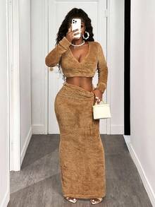 BamGleam Women Plush Cropped Top And Extra Long Skirt 2 Pieces Set,Winter Clothes For Women , - Khaki - View 1
