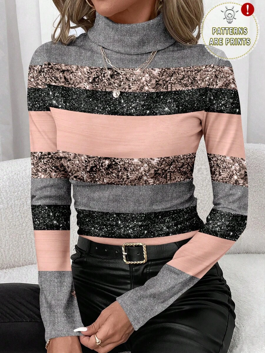 SHEIN Clasi Áo thun nữ cổ lọ tay dài bó sát, thiết kế tối giản, họa tiết sọc, phù hợp cho mùa thu/đông - Nhiều màu - Xem 1