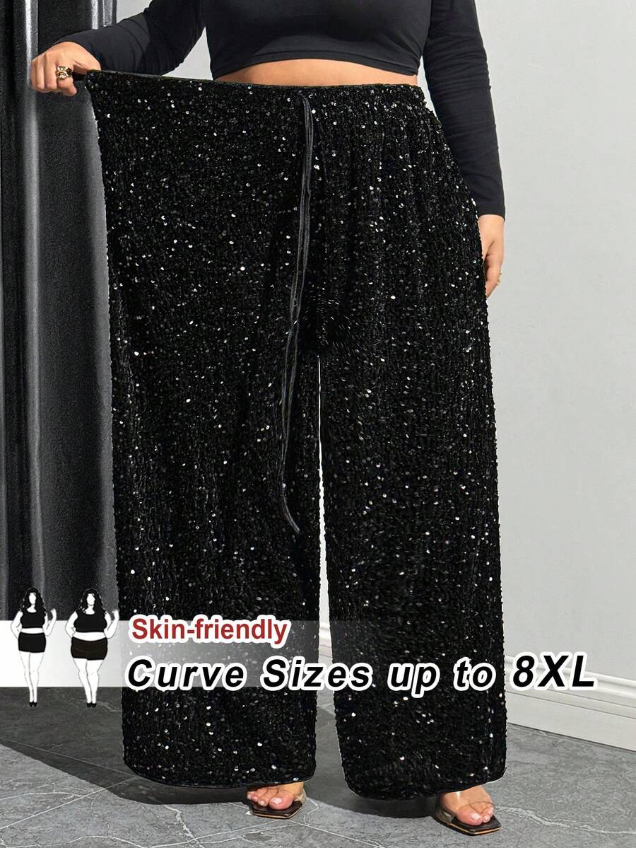 SHEIN CURVE+ 大码女式黑色天鹅绒闪亮亮片抽绳阔腿裤，适合休闲/音乐会/鸡尾酒会/夜间外出/狂欢节、圣诞派对 - 黑色 - 查看 1