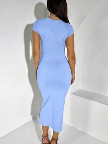 INAWLY Solva Solid Color Round Neck Bodycon Dress