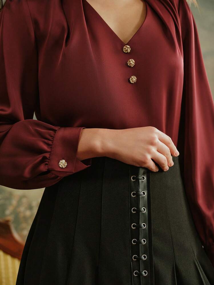 Anewsta Autumn/Winter Commuting Outfit - V-Neck Top And Pleated Skirt With Leather Strap And Woven Hem, 2-Piece Set, Elegant, Formal, Party, Chic, Suitable For New Year, Christmas, Work, Graduation, Wedding