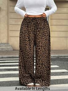 SHEIN PETITE CURVE Plus Size Loose Straight Leg Pants With Leopard Print, Casual, For Autumn/Winter Cheetah Women Wide - Brown - View 1
