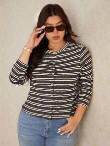 Elaquor Áo thun tay dài cài nút kẻ sọc Colorblock cỡ lớn - Màu xám đen - Xem 6