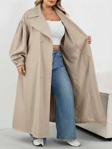 SHEIN CURVE+ Plus Size Women's Black Long Windbreaker, Black Long Sleeve Minimalist Casual Everyday Jacket Plus Size Trench Coat 8xl Women Coat Curve Trench Coat Plus Size Fall Coat,Fall Clothes For Womenfall Clothes For Women,Winter,CURVE PLUS - Khaki - View 7