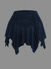 Sweetra 大码女式纯色弹力腰前抽绳不对称下摆半身裤 - 藏蓝色 - 查看 5
