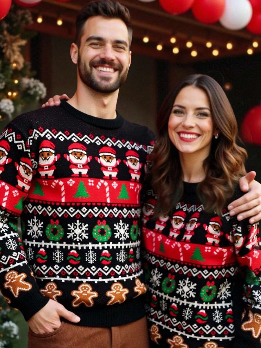 Manfinity VCAY Men's Crew Neck Long Sleeve Christmas Element Pattern Sweater, New Year Glamour - Black - View 1