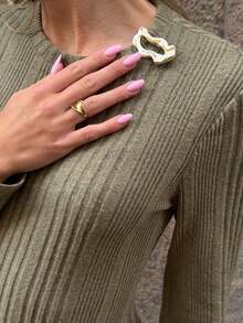 Pariaura Women's Solid Color Metal Decor Round Neck Long Sleeve Ribbed Casual Dress, Autumn - Army Green - View 5