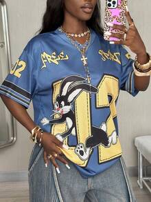 Coolane Women's V-Neck Short Sleeve Loose Casual T-Shirt With Blue Mesh & Numeric Print Y2k Cropped Graphic Tee